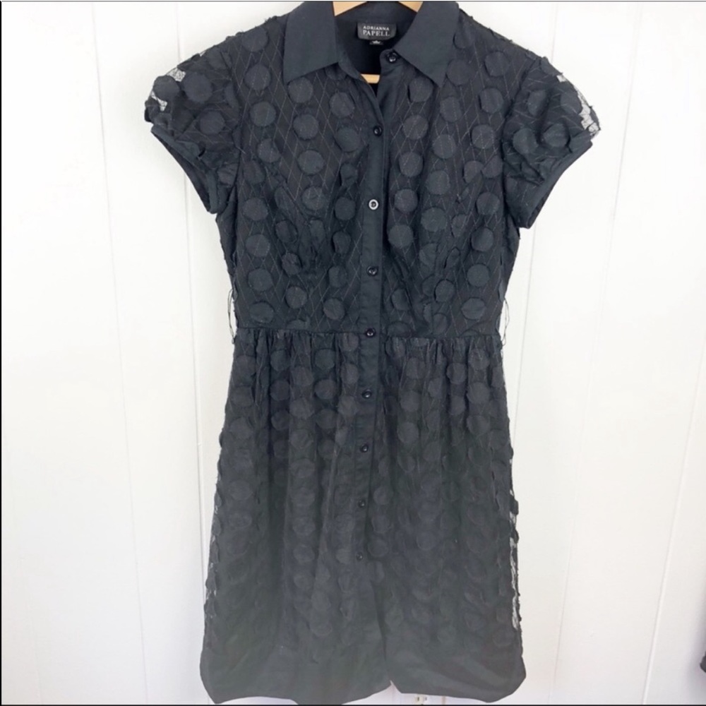 Adrianna Papell Black Polka Dot Button Front Dress